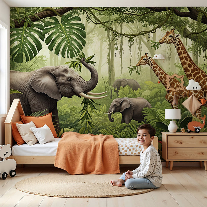 Kinderkamer behang | Olifanten en giraffen in een weelderige jungle