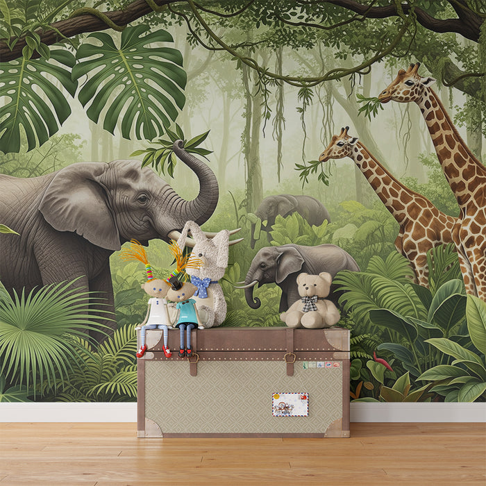 Kinderkamer behang | Olifanten en giraffen in een weelderige jungle