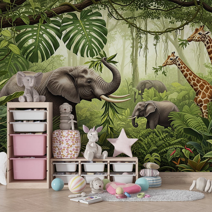 Kinderkamer behang | Olifanten en giraffen in een weelderige jungle