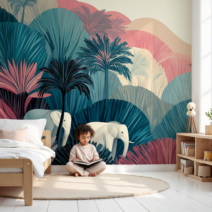 Papier peint chambre enfant | Éléphants et jungle exotique