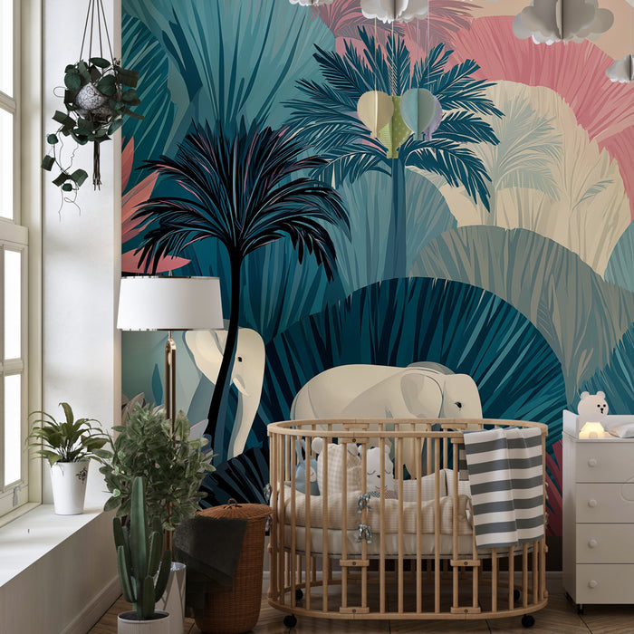 Papier peint chambre enfant | Éléphants et jungle exotique