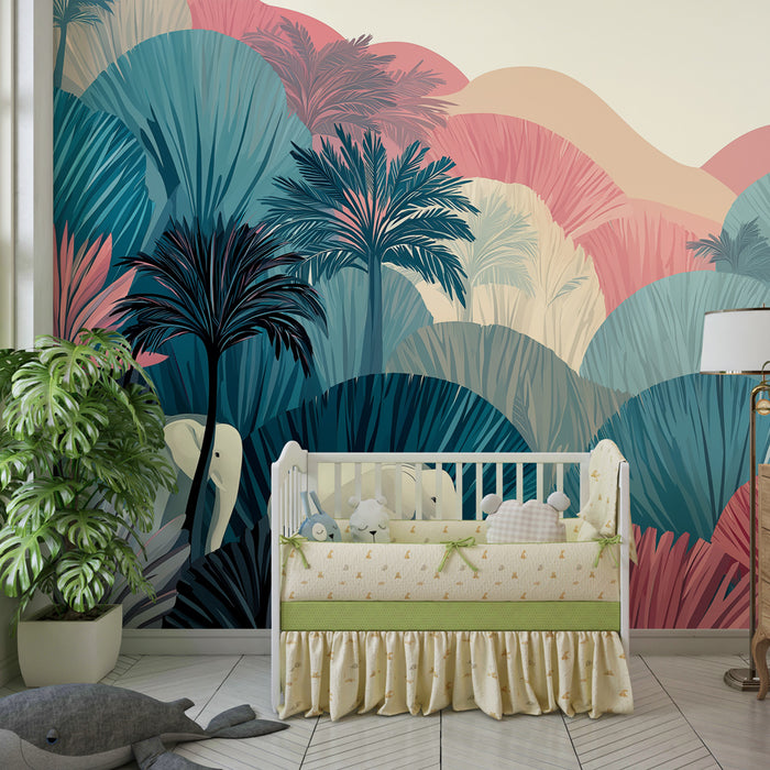 Papier peint chambre enfant | Éléphants et jungle exotique