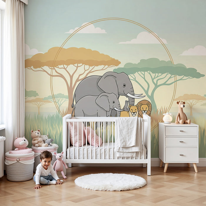 Χαρτί τοίχου παιδικού δωματίου | Ελέφαντες και λιοντάρια στη σαβάνα σε απαλά χρώματα