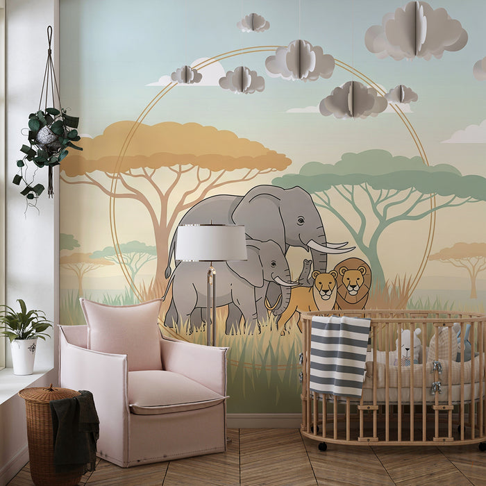 Χαρτί τοίχου παιδικού δωματίου | Ελέφαντες και λιοντάρια στη σαβάνα σε απαλά χρώματα