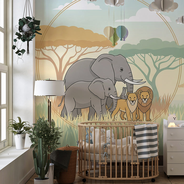 Χαρτί τοίχου παιδικού δωματίου | Ελέφαντες και λιοντάρια στη σαβάνα σε απαλά χρώματα