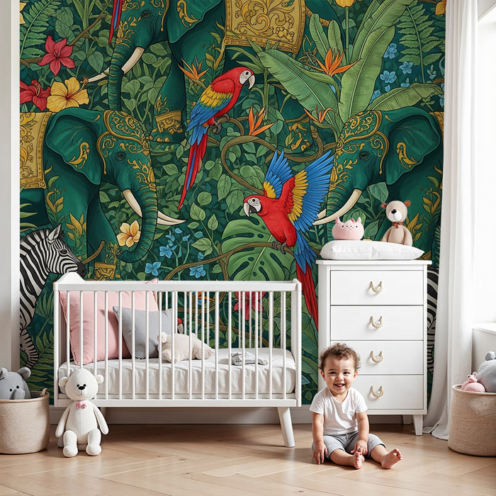 Kids room wallpaper | Elephants and parrots in the jungle