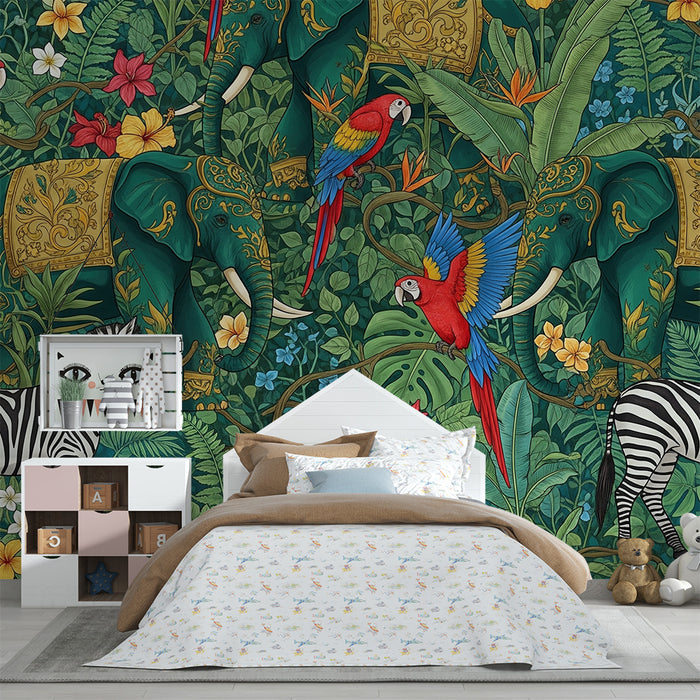 Kids room wallpaper | Elephants and parrots in the jungle