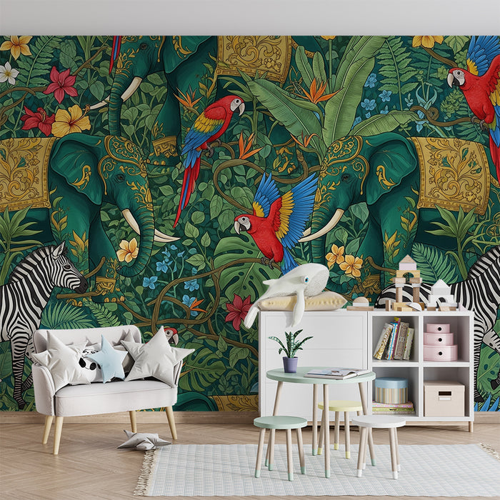 Kids room wallpaper | Elephants and parrots in the jungle