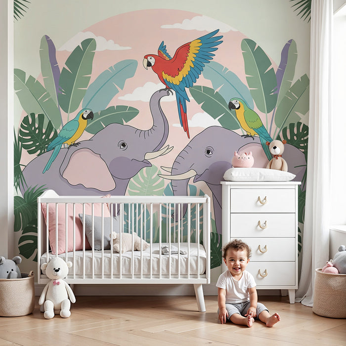 Tapet barnerom | Elefanter og papegøyer i en fargerik jungel