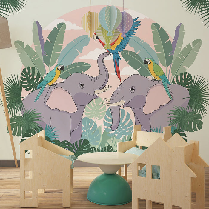 Tapet barnerom | Elefanter og papegøyer i en fargerik jungel