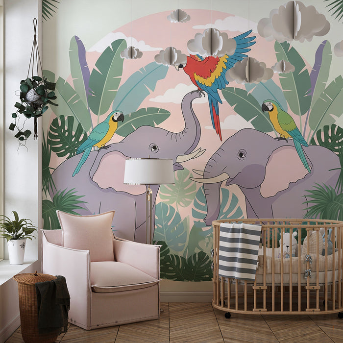 Tapet barnerom | Elefanter og papegøyer i en fargerik jungel