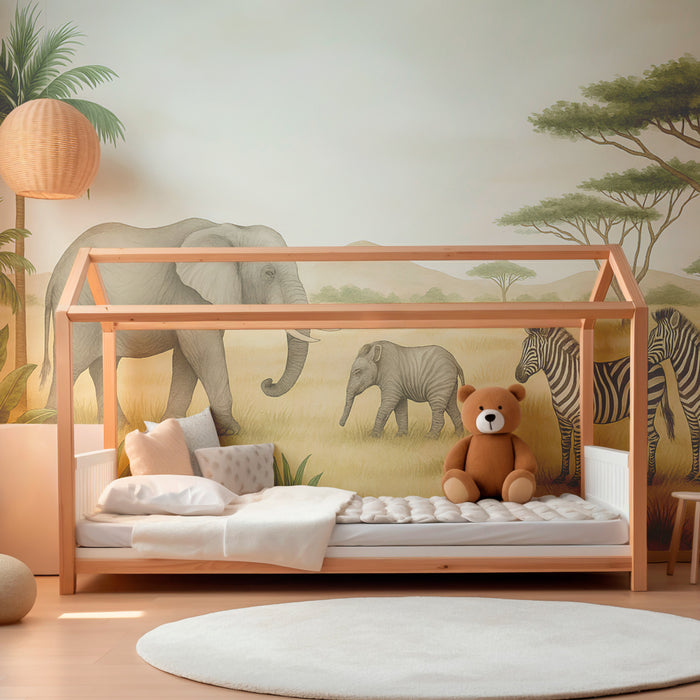 Papier peint chambre enfant | Éléphants et zèbres dans la savane