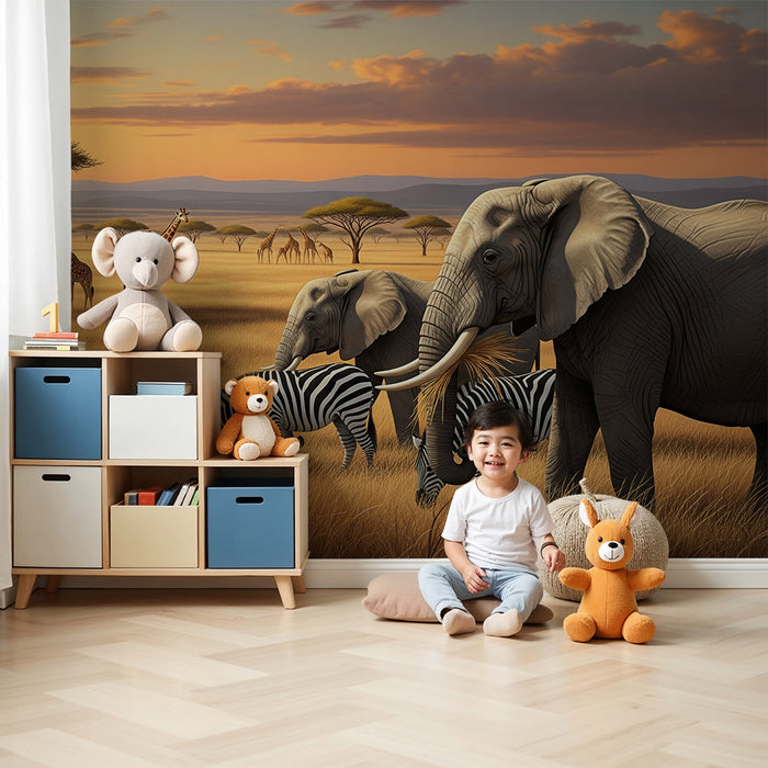 Tapety dla dzieci | Słonie i zebry na sawannie o zachodzie słońca