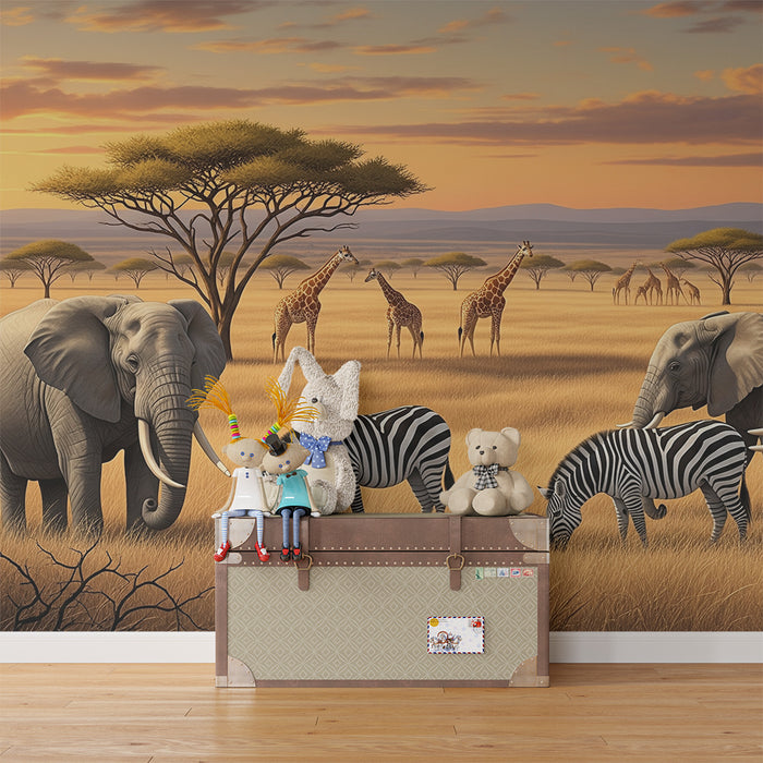 Tapety dla dzieci | Słonie i zebry na sawannie o zachodzie słońca