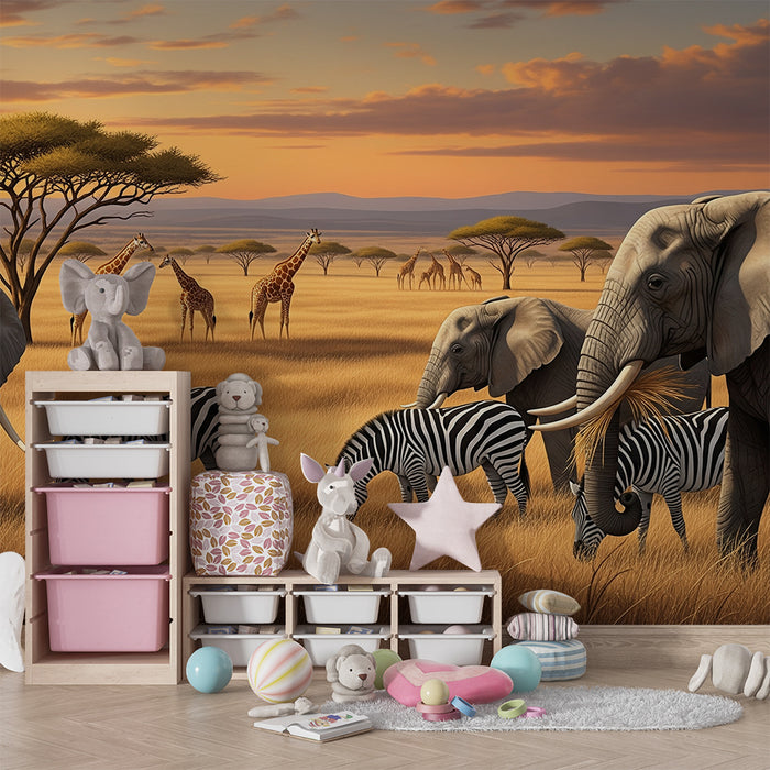 Tapety dla dzieci | Słonie i zebry na sawannie o zachodzie słońca