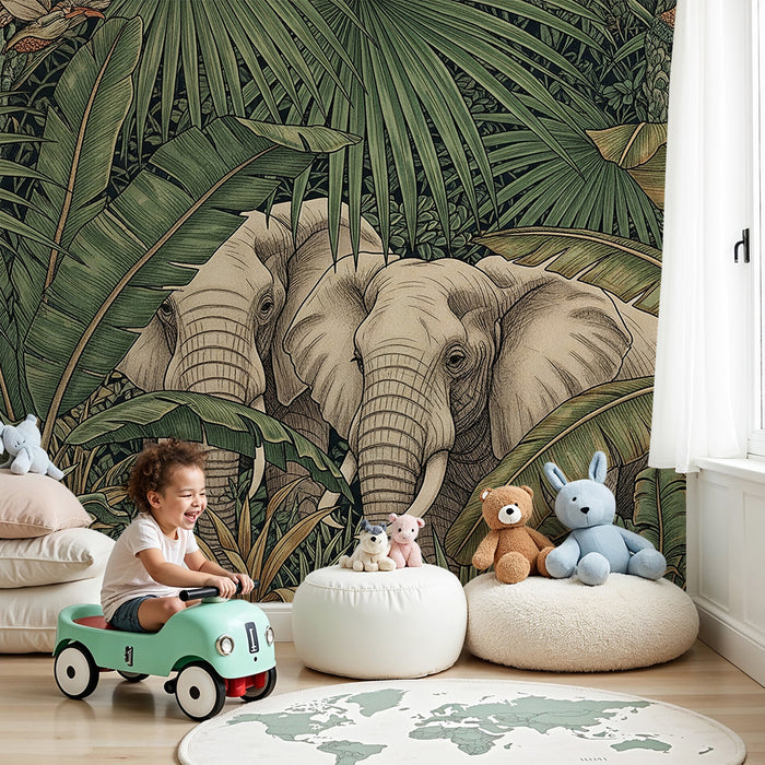 Kids room wallpaper | Majestic elephants in the heart of the lush jungle