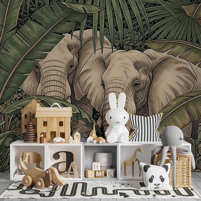 Kids room wallpaper | Majestic elephants in the heart of the lush jungle