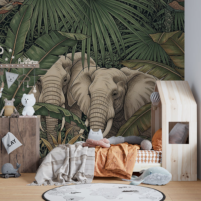 Kids room wallpaper | Majestic elephants in the heart of the lush jungle