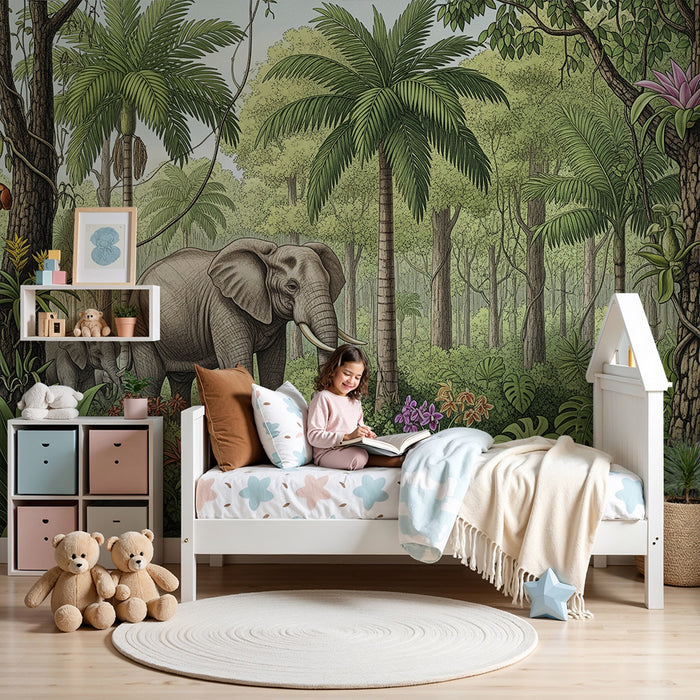 Kids room wallpaper | Majestic elephants in a lush jungle