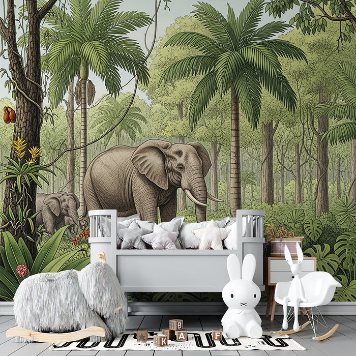 Kids room wallpaper | Majestic elephants in a lush jungle
