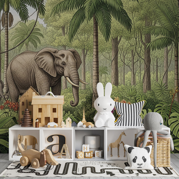 Kids room wallpaper | Majestic elephants in a lush jungle