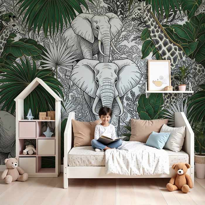Kids room wallpaper | Majestic elephants and giraffes in a lush jungle