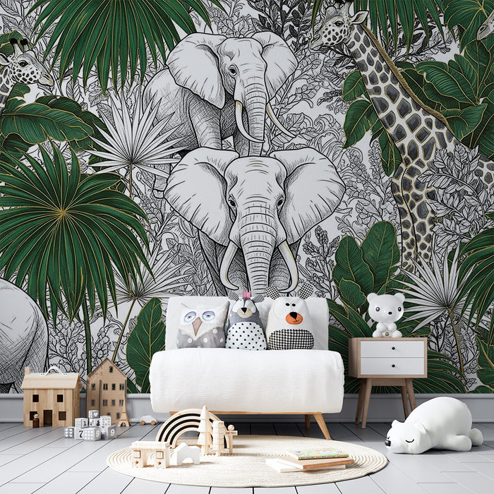 Kids room wallpaper | Majestic elephants and giraffes in a lush jungle