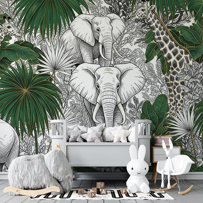 Kids room wallpaper | Majestic elephants and giraffes in a lush jungle