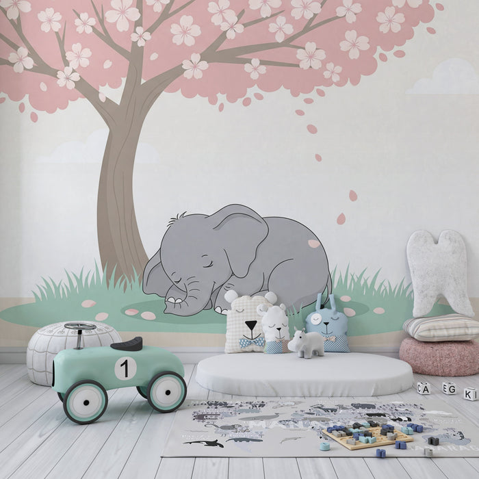 Papel de parede criança | Elefante adormecido sob a cerejeira
