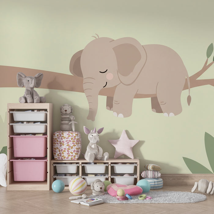 Papel pintado infantil | Elefante dormido en una rama