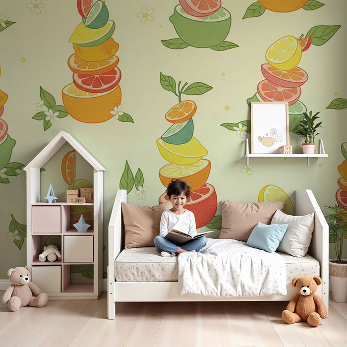 Papel de parede criança | Pilha de frutas coloridas em fundo pastel