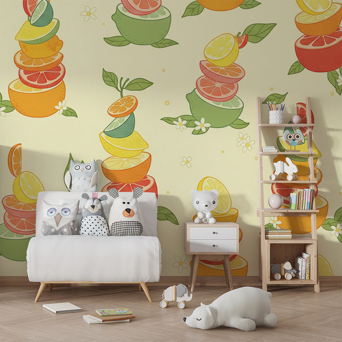 Papel de parede criança | Pilha de frutas coloridas em fundo pastel