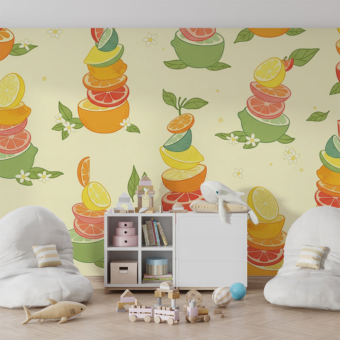 Papel de parede criança | Pilha de frutas coloridas em fundo pastel