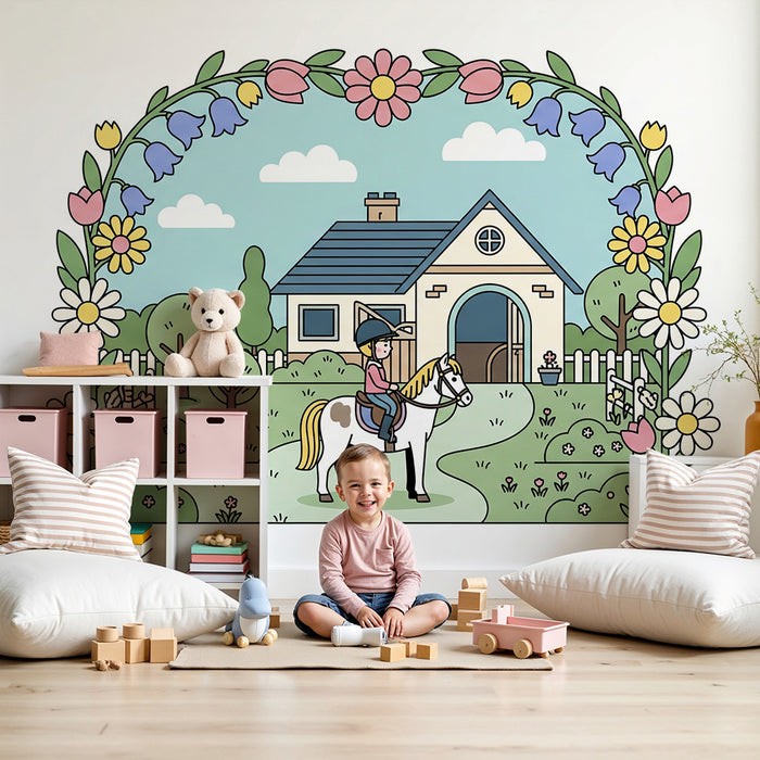 Papier peint chambre enfant | Enfant à cheval devant une maison entourée de fleurs colorées