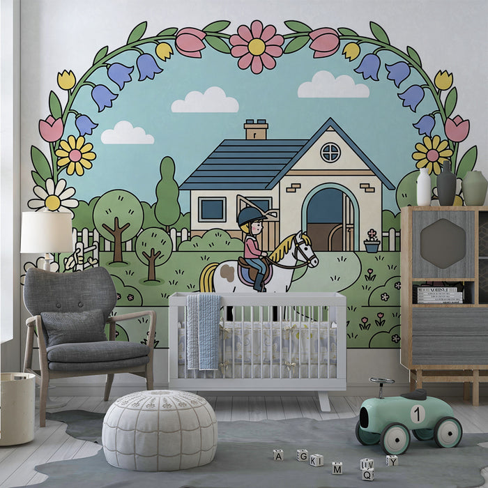 Papier peint chambre enfant | Enfant à cheval devant une maison entourée de fleurs colorées