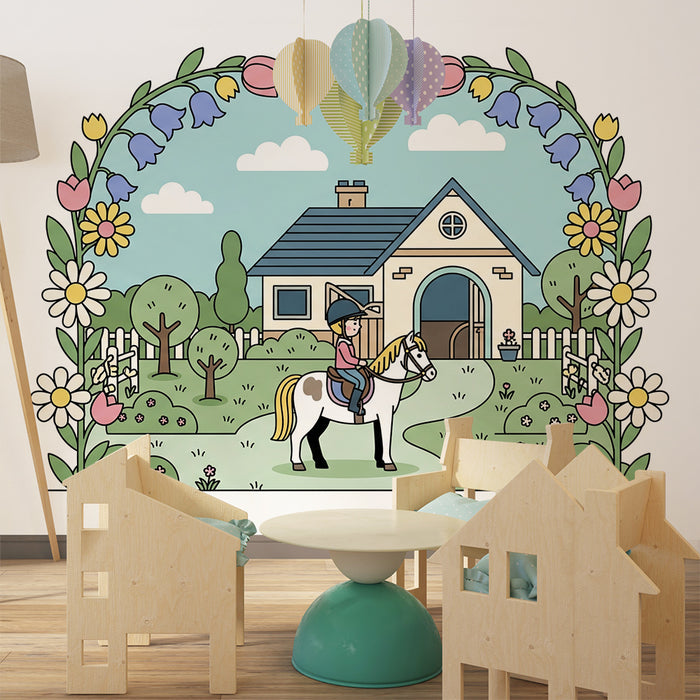 Papier peint chambre enfant | Enfant à cheval devant une maison entourée de fleurs colorées