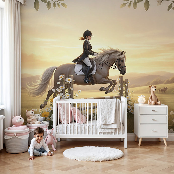Papier peint chambre enfant | Enfant cavalier sautant un obstacle dans un champ fleuri