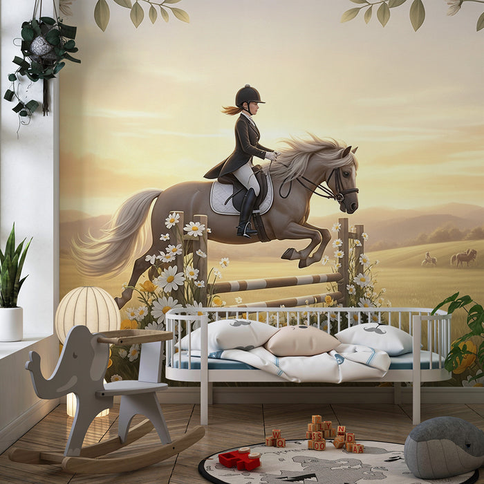 Papier peint chambre enfant | Enfant cavalier sautant un obstacle dans un champ fleuri