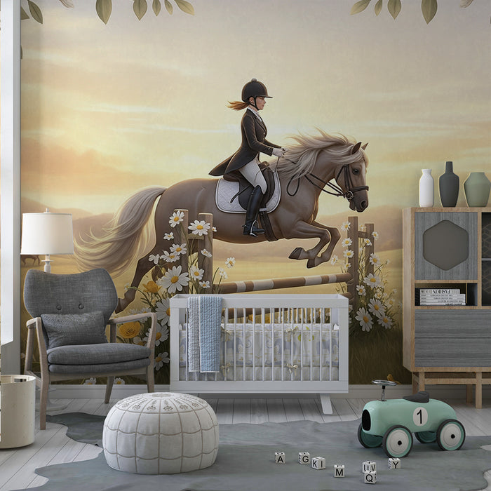 Papier peint chambre enfant | Enfant cavalier sautant un obstacle dans un champ fleuri