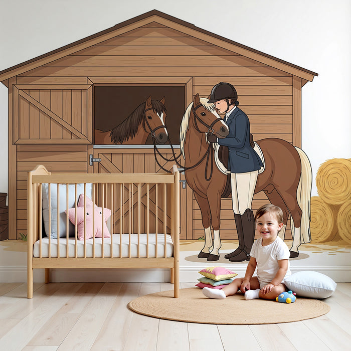 Barnrums tapet | Barn och ponny i ett stall av trä