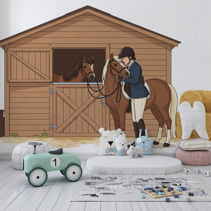 Barnrums tapet | Barn och ponny i ett stall av trä