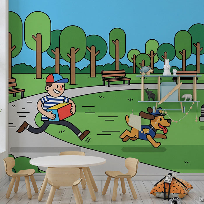 Barnrumspapper | Glatt barn springer med en polishund i en park