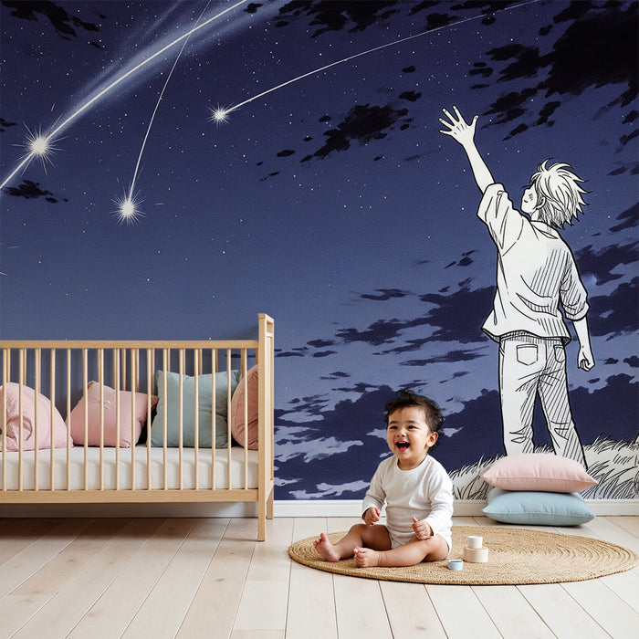 Behang kinderkamer | Dromend kind onder een sterrenhemel