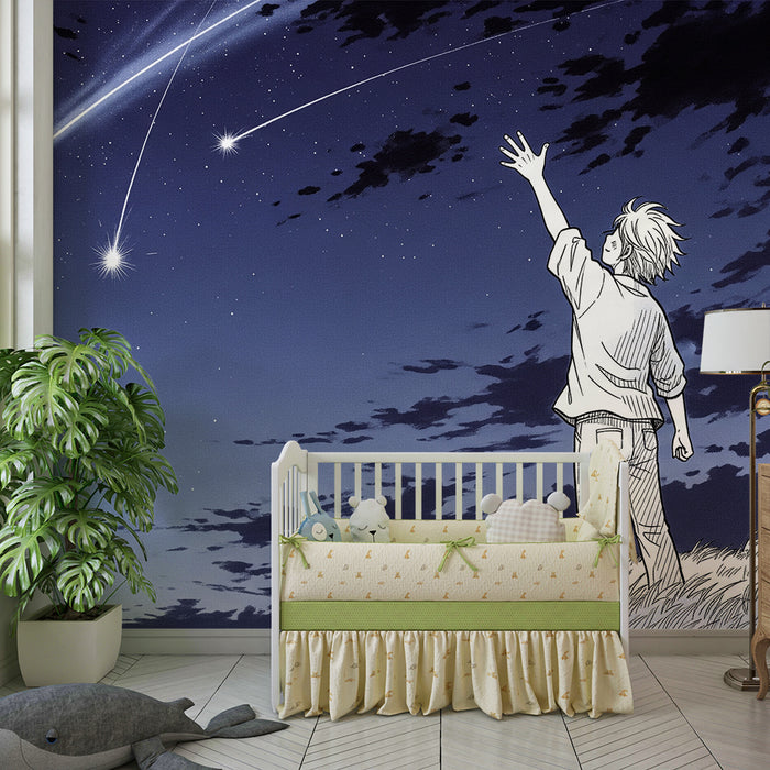 Behang kinderkamer | Dromend kind onder een sterrenhemel