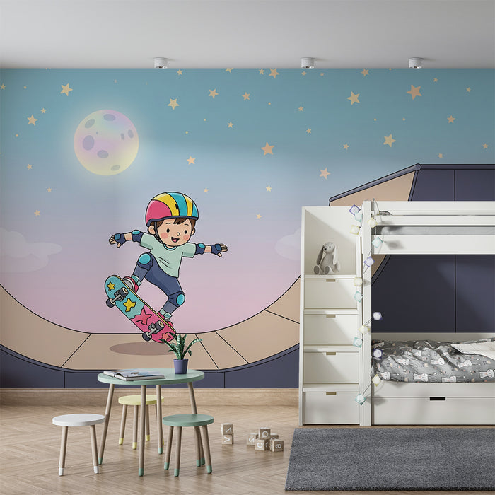 **Barnetapet | Barn på skateboard i rampe under stjernehimmel**