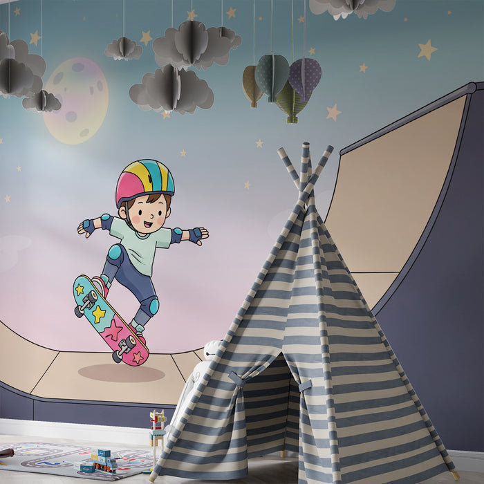 **Barnetapet | Barn på skateboard i rampe under stjernehimmel**