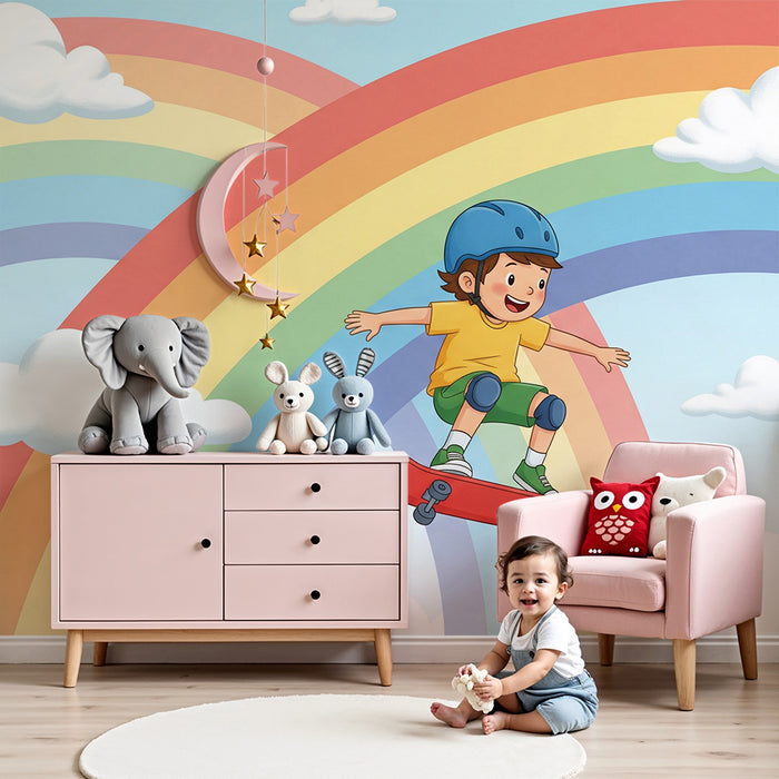 Kinderzimmer Tapete | Kind auf Skateboard unter einem bunten Regenbogen
