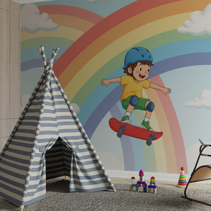 Kinderzimmer Tapete | Kind auf Skateboard unter einem bunten Regenbogen