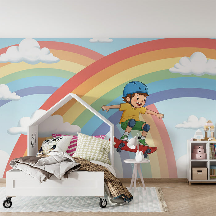 Kinderzimmer Tapete | Kind auf Skateboard unter einem bunten Regenbogen