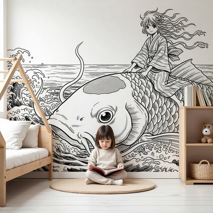 Papier peint chambre enfant | Enfant sur un poisson géant dans des vagues tumultueuses